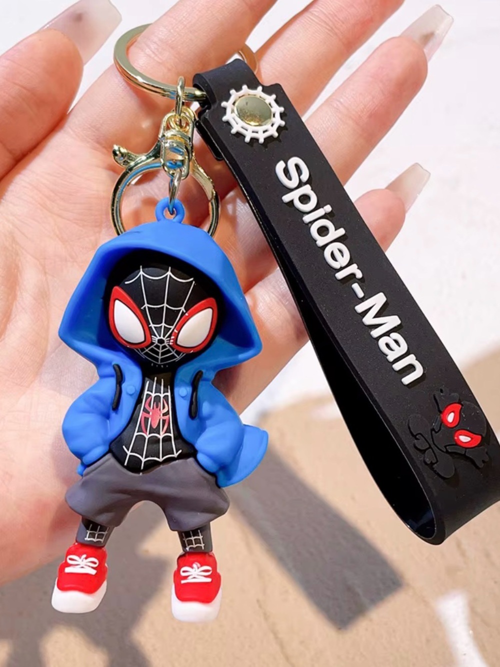 Spider-Man Marvel Keychain blue Hoodie Miles Morales Figure Lanyard Key Ring